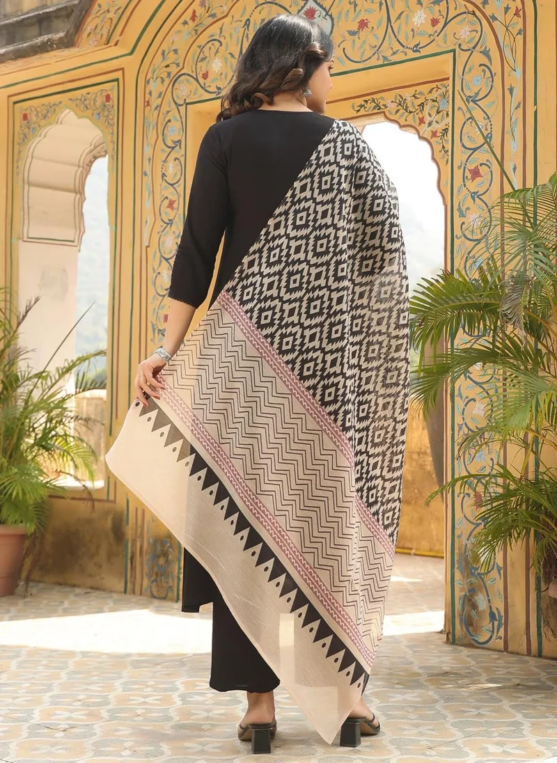 GoSriKi GoSriKi Women's Rayon Blend Straight Solid Kurta with Pant & Dupatta (Jamana Black-VKS01-GS_L_Black_Large)